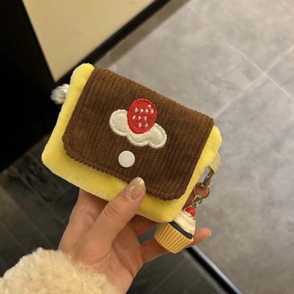 

Cherry Pudding Design Coin Purse Corduroy Texture Compact Dimension Mini Pouch Wallet Contrast Color Stitching