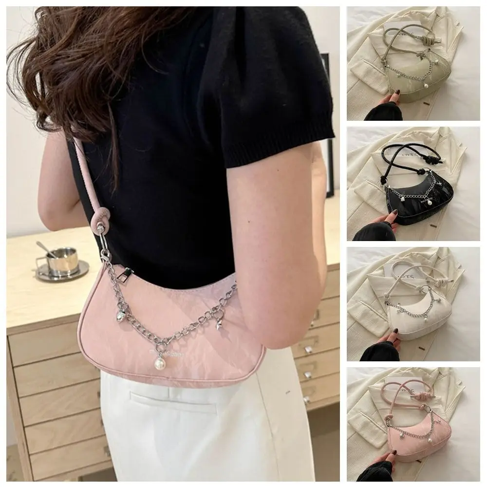 

Fashion PU Leather Simple Crossbody Bag Korean Style Metal Chain Hobos Handbag Half Moon Bag Solid Color Shoulder Bag Streetwear
