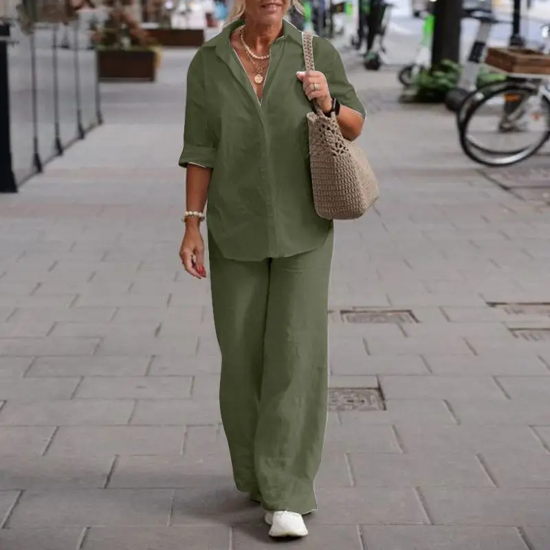 Blouse Shirt Wide-leg Trousers Two-piece Set Women's Spring/Autumn Lapel Collar Long Sleeves Solid Colour New Comfortable Casual