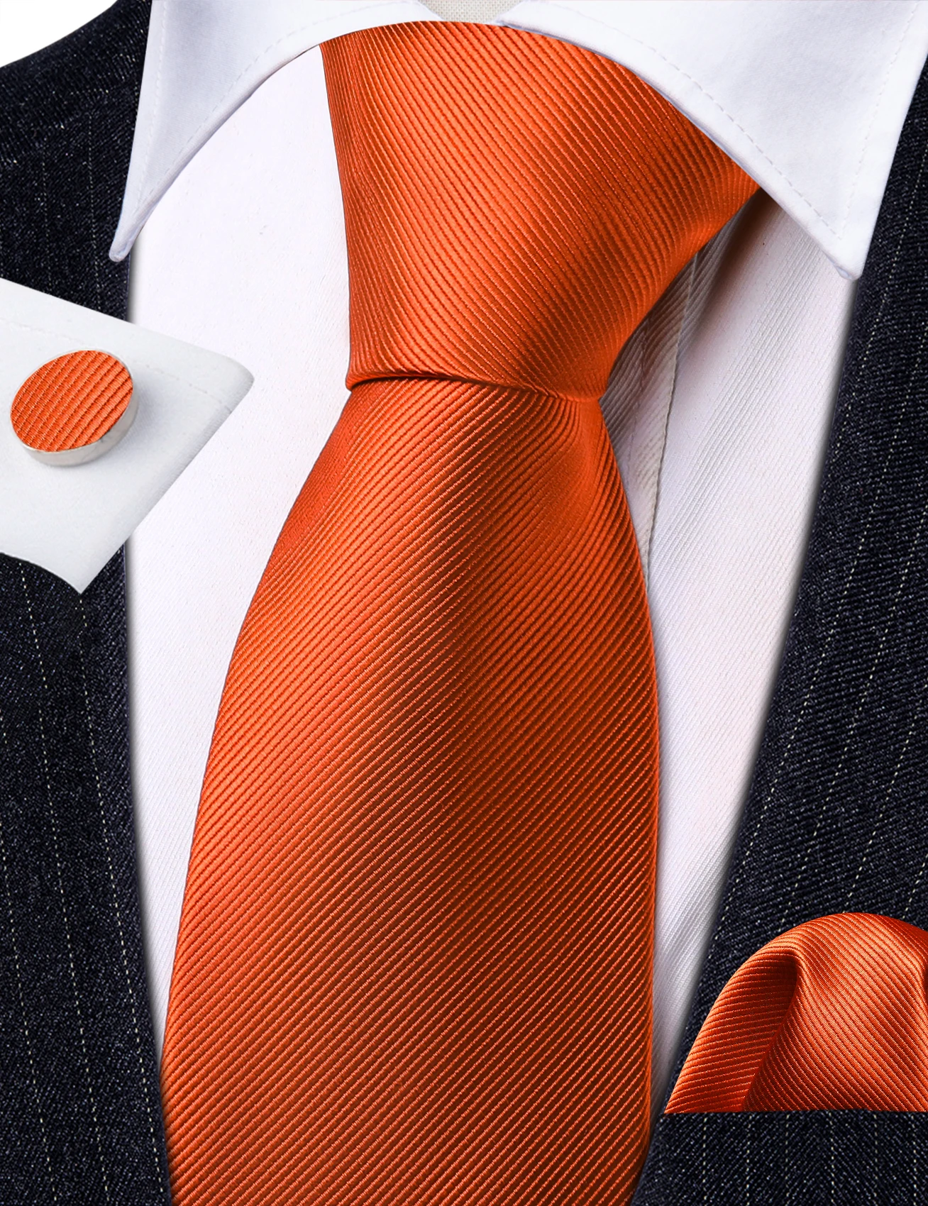 Barry.Wang Orange Men Silk Solid Ties Elegant  Male Woven Suit Neckties Pocket Square Cufflinks Sets Party Wedding Designer 6472