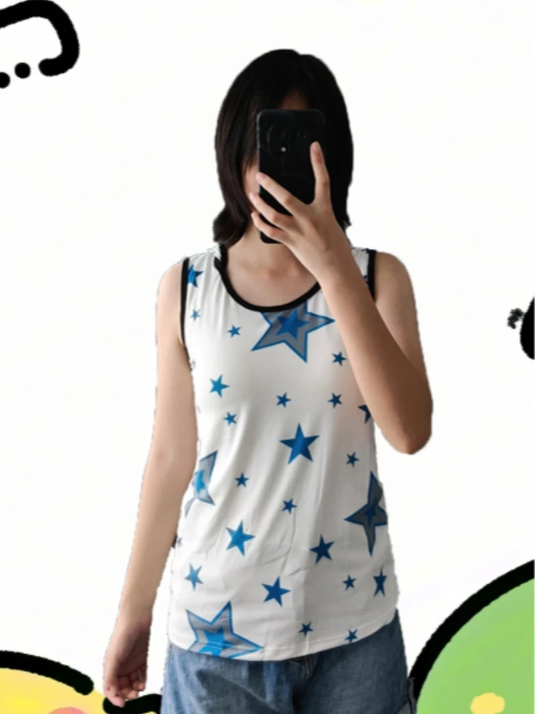 

Japanese Y2K retro star print hooded sleeveless women's tank top summer American trend millennial spicy girl top Harajuku style
