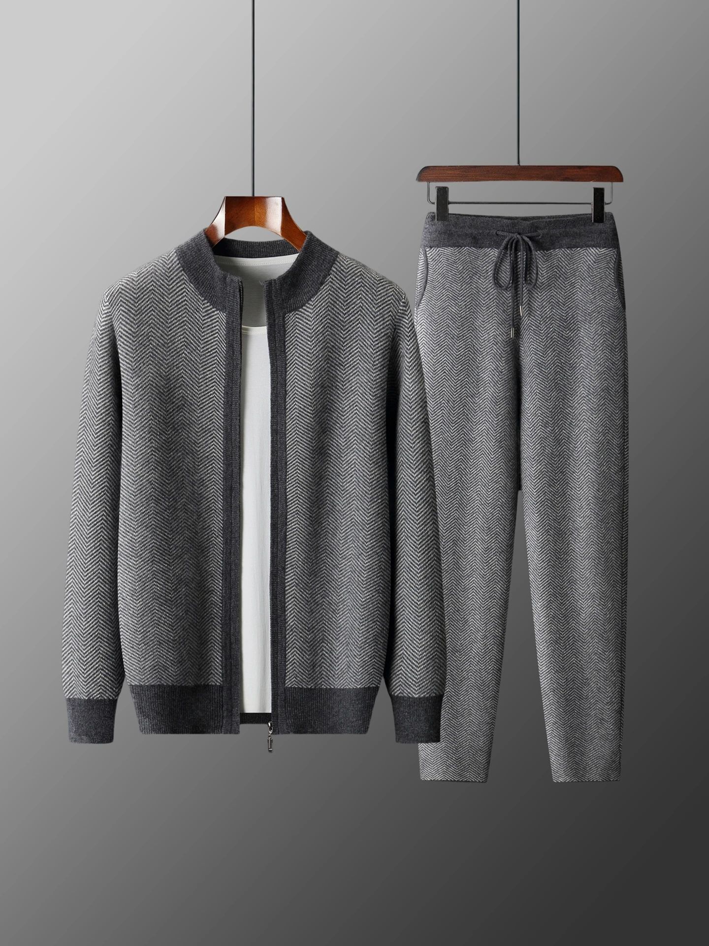 100% Merino Wool Thickened Two-piece Suit for Men Autumn Winter Knitting Zipper Cardigan and Straight-leg Pants Warm Clothing