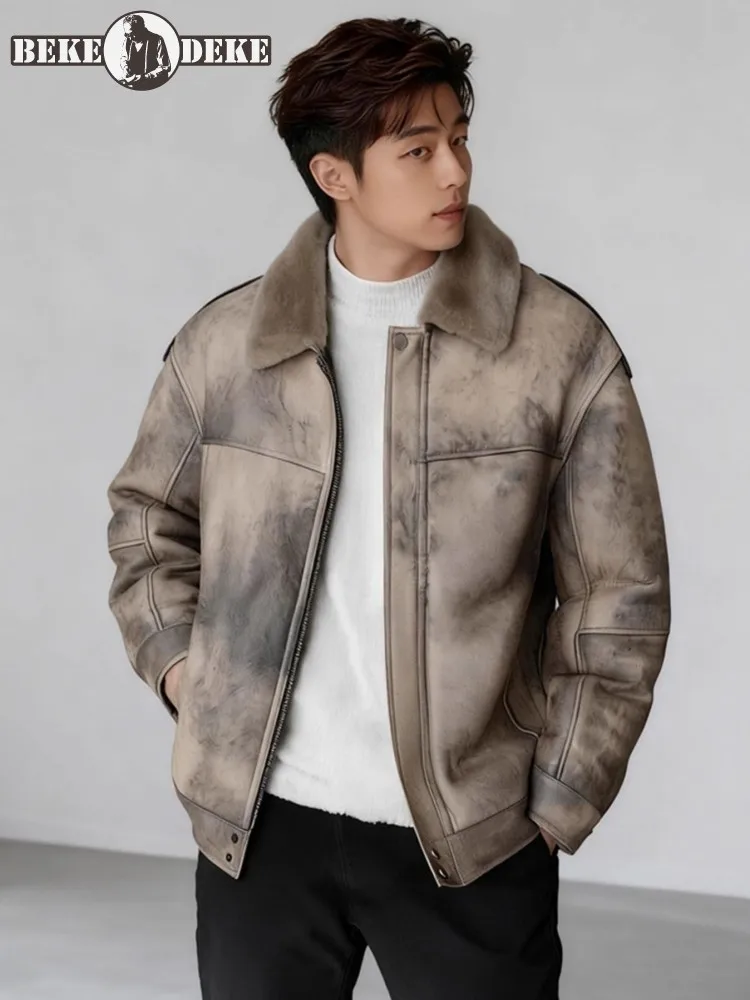 Winter Men Natural Shearling Jacket Vintage High Quality Genuine Leather Real Fur Outerwear Warm Wool Liner Punk Motorcycle Coat