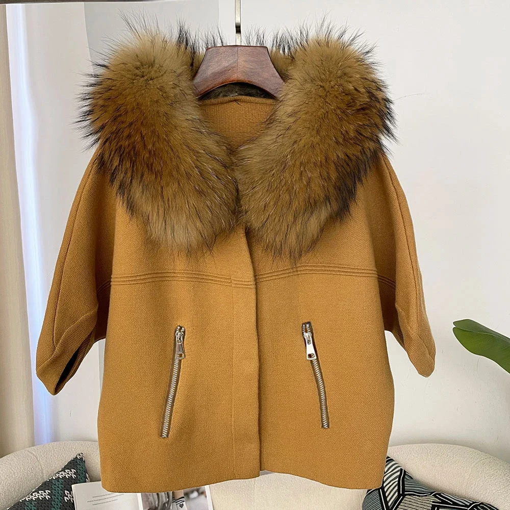 OFTBUY Herbst-Oberbekleidung für Damen, Kurze Batwing-Strickjacke mit Echtfuchs-Pelzkragen und -Manschetten, Kurzer Strickmantel für Damen – Detail 10