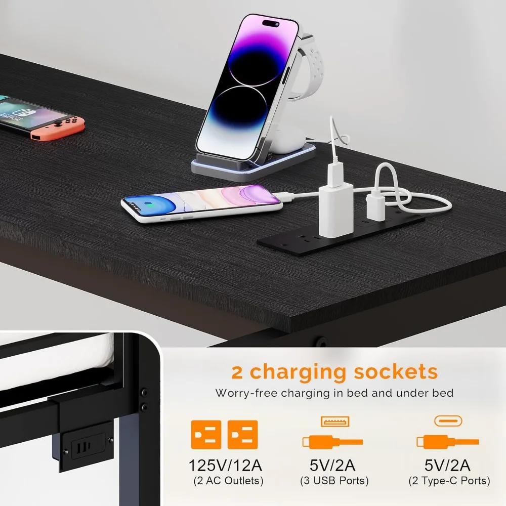 إطار سرير علوي معدني كامل من VINGLI مع مكتب على شكل حرف L، حاجز حماية مقاس 15 بوصة، سلم غير قابل للانزلاق، محطتين شحن، أرفف تخزين/ #4