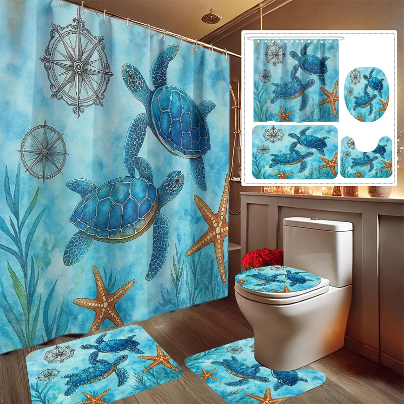 

4pcs Ocean Festival Figure 2D Flat Printed Shower Curtain Set, Decorating Bathroom Set Includes Shower Curtain, Non-Slip Floor