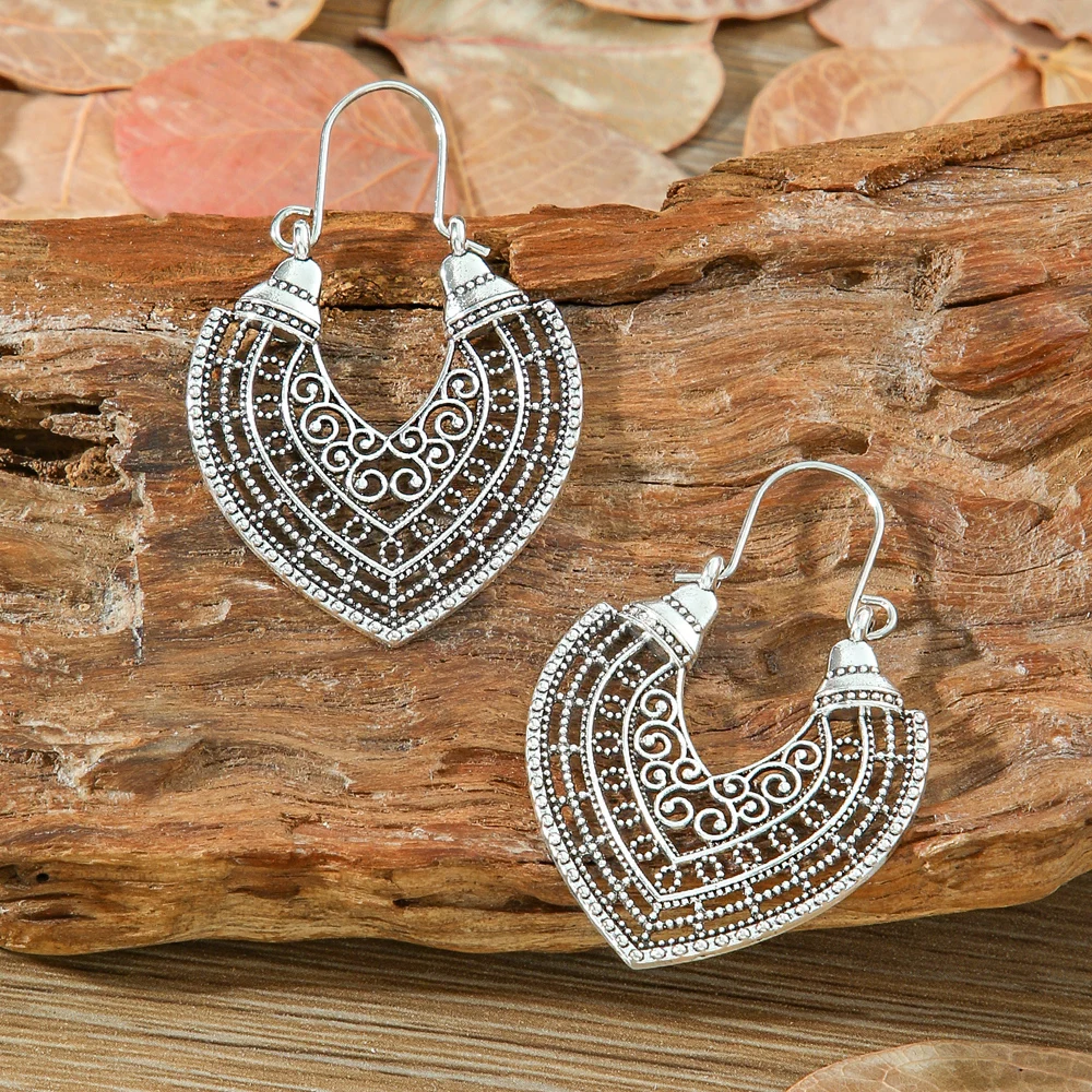 العرقية نمط بوهو طقم من الحلقان العتيقة الفضة على شكل حرف U القرط مشبك هندسية بيان الطرف الديكورات ارتداء اليومي عطلة الهدايا