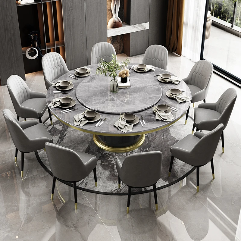 طاولة طعام وكرسي من البلاط الصخري، مجموعة مستديرة بطول 2 متر، شقة كبيرة فاخرة وحديثة وبسيطة