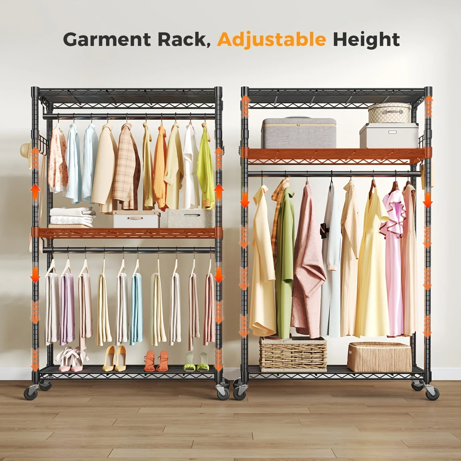 

Sturdy Clothes Rack Designed for Hanging Garments, Featuring Adjustable Metal Wire Shelves, Portable with Wheels And Side Hooks