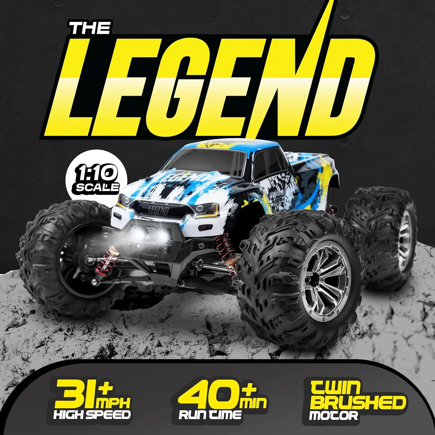 1:10 Scale 4x4 Off-Road RC Truck - Hobby Grade Brushed Motor RC Car with 2 Batteries, Waterproof Fast Remote Control Car for Adu