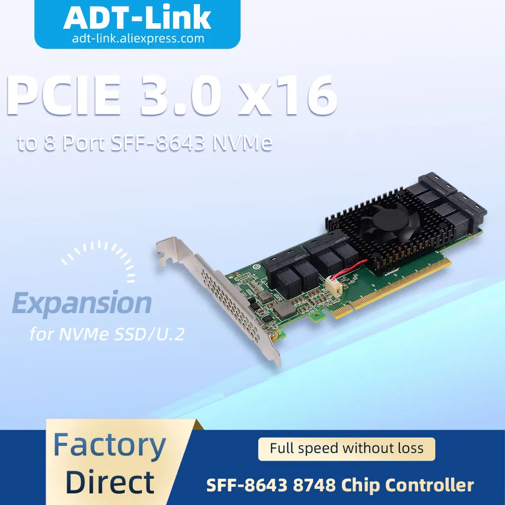 8748-8I PCIe 3.0 X16 to 8 Port SFF-8643 NVMe Expansion Card PLX8748 Controller Internal U.2 SSD Adapter for Server Storage