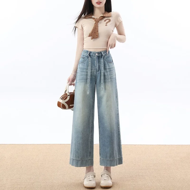 2026 Women's Jeans High Waist Wide Leg Cropped Pants Spring Trendy Slim Fit Straight Casual Trousers for Petite Women's Pants
