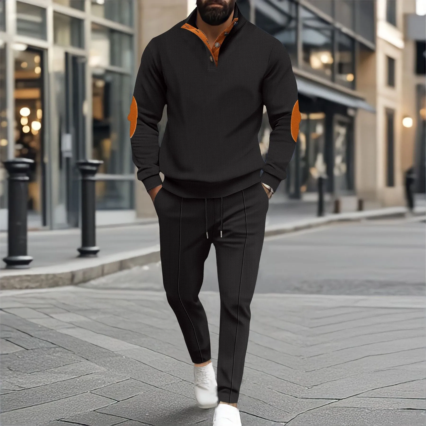 

Spring and autumn new 2025 men Waffle solid color stand collar long sleeve splicing hoodie casual pair trousers two sets