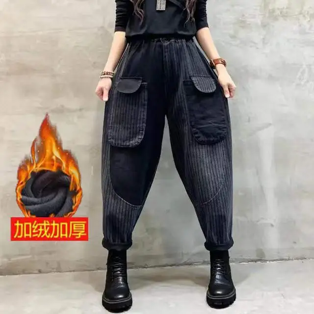 Women Vintage Plaid Patchwork Casual Streetwear Y2K Denim Harem Pants Autumn Winter Plush Warm Baggy Jeans Harajuku Pantalones