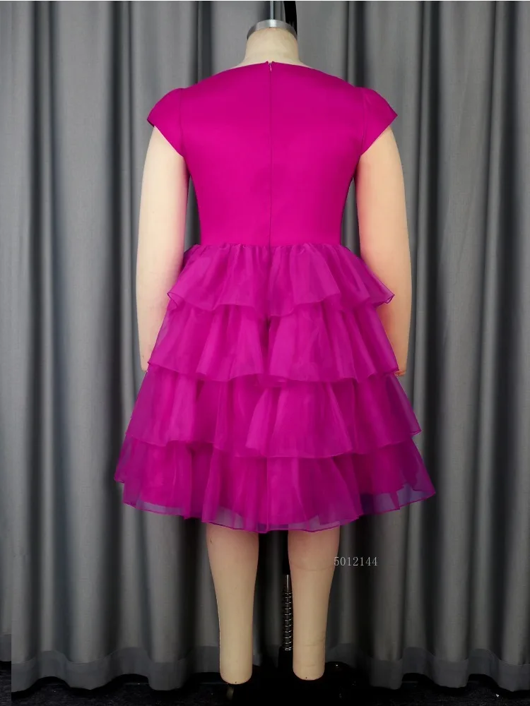 O pescoço manga curta arco uma linha retalhos vestido para mulheres elegante em camadas plissado tule skater vestido de festa de verão vestidos de cocktail