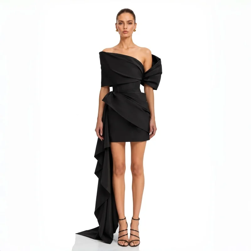 Luxury Black Satin Off Shoulder Party Mini Dress Draped Women Sexy Evening Cocktail Dress Glamour Ladies Short Dress Night Party