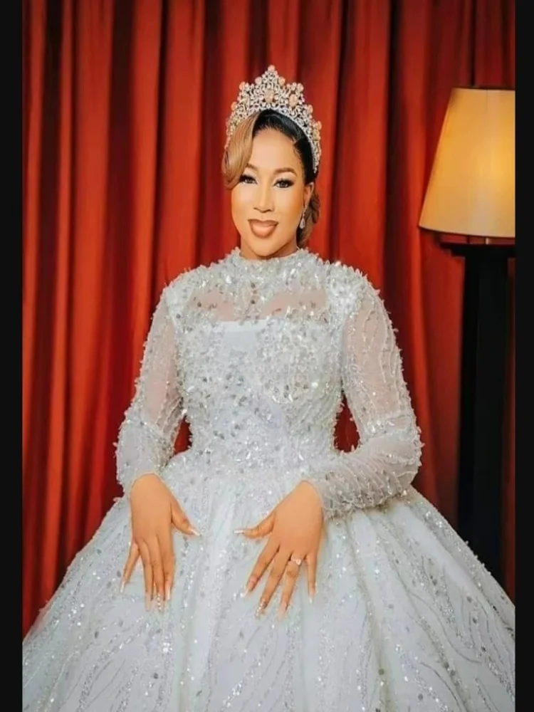 Customized High Collar Luxury Handwork Crystals Beads Wedding Dress   Robe De Mariée Africa Long Sleeves Ballgown  Bridal Gowns