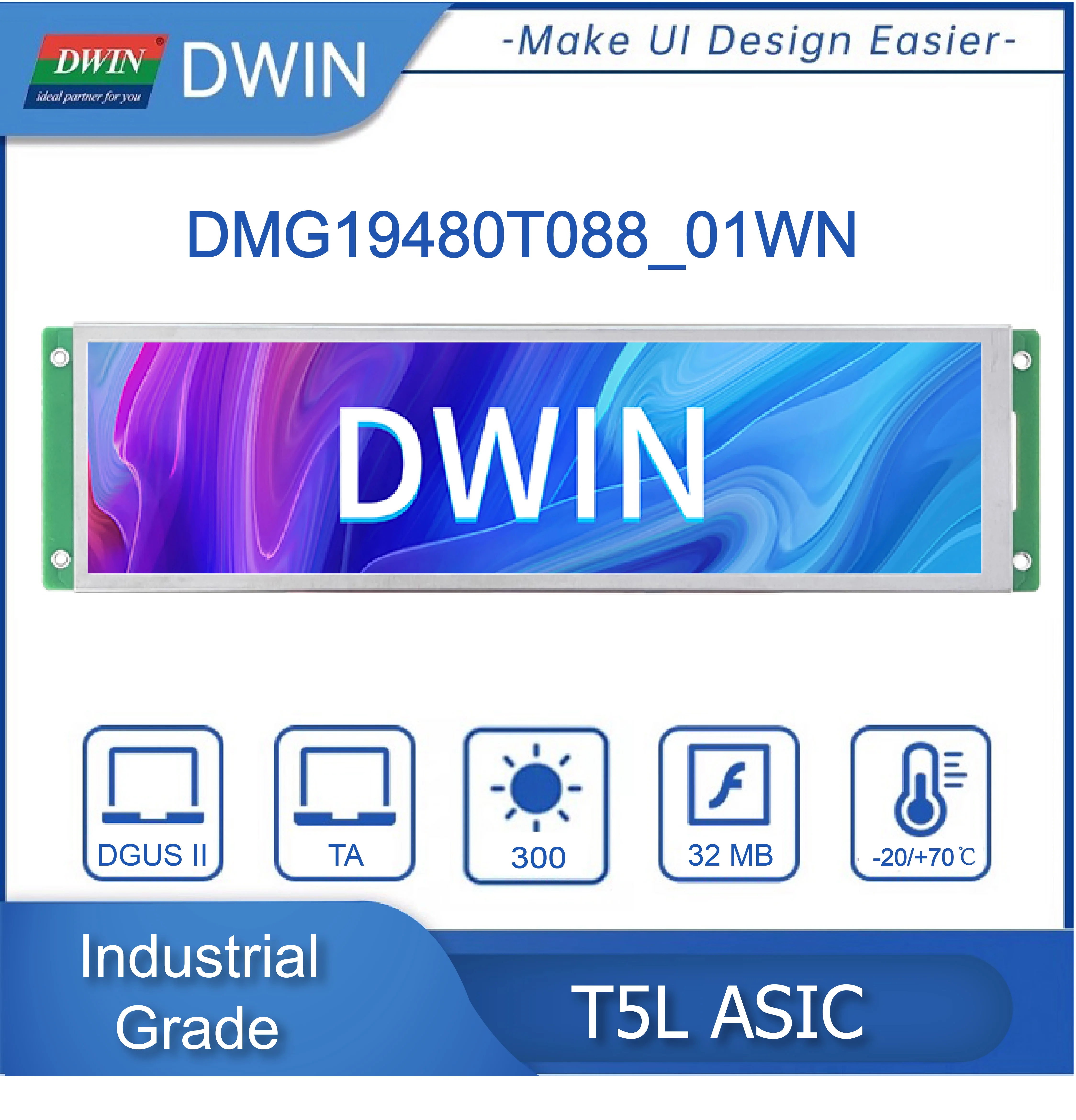 DWIN 8.8 Inch 1920x480 TFT LCD HMI Display Module TTL/RS232 IPS Capacitive Resistive Touch Screen DMG19480T088_01W