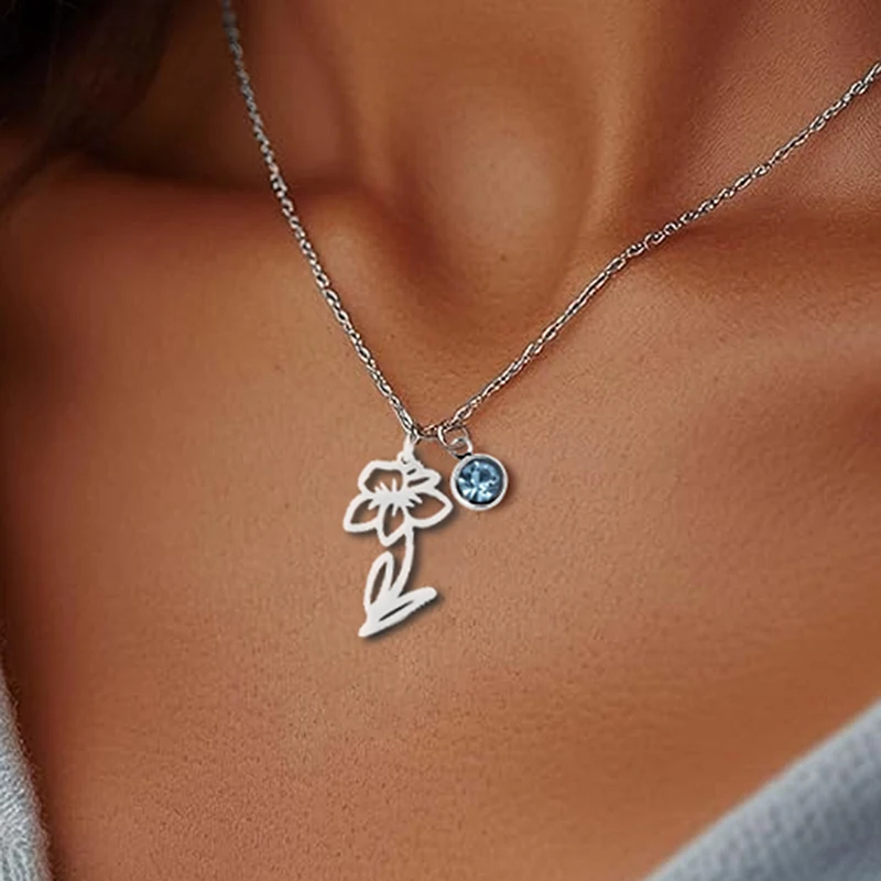 12 Months Birthstone Birth Flower Necklace For Women Stainless Steel Jewelry Birthday Gifts