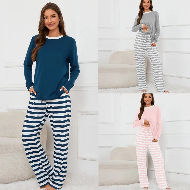 

Round Neck Long Sleeve Pjamas for Female Stripe Casual Sleepwear Loose Loungewear Women Nighty