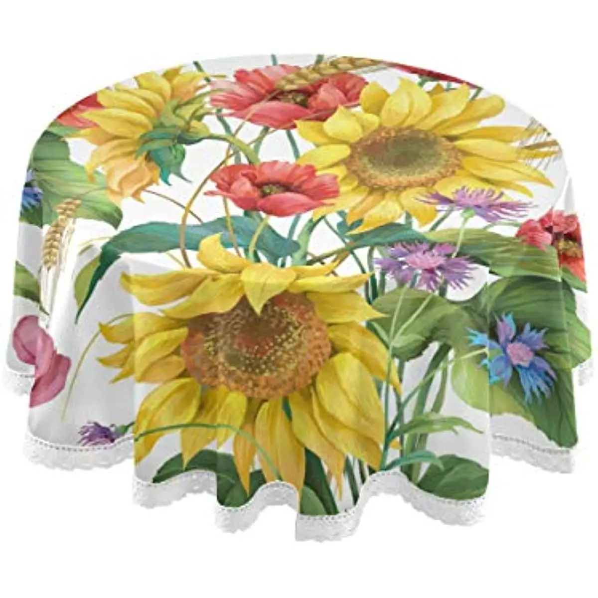 Floral Flower Sunflower Round Tablecloth 60 inch Summer Poppy Table Cloths Cover Mat Lace Washable Polyester Spill Proof Table