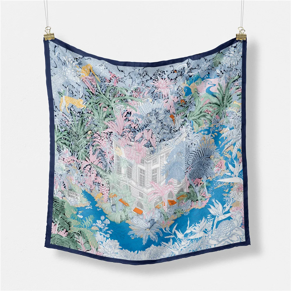 53cm Oil Painting Garden House Printed Silk Scarf Women Square Scarves Shawls Foulard Bandana Hair Scarf Hijab