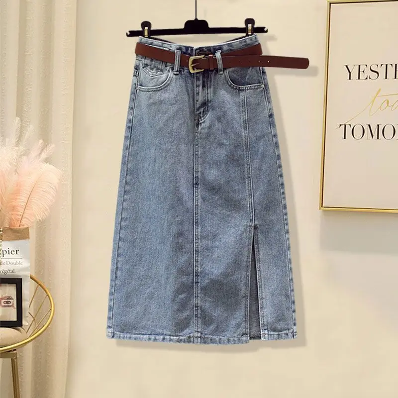 Large Size Spring and Summer Suit Women 2022 New Design Sense of Foreign Style Shirt Thin Denim Skirt Two Piece Set Women's Suit