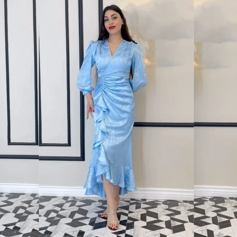 تخصيص رائعة كشكش البوق الخامس الرقبة فساتين متوسطة الطول فساتين السهرة الرسمية عارضة بسيطة الرجعية أزياء أنيقة رائعة سبا #1