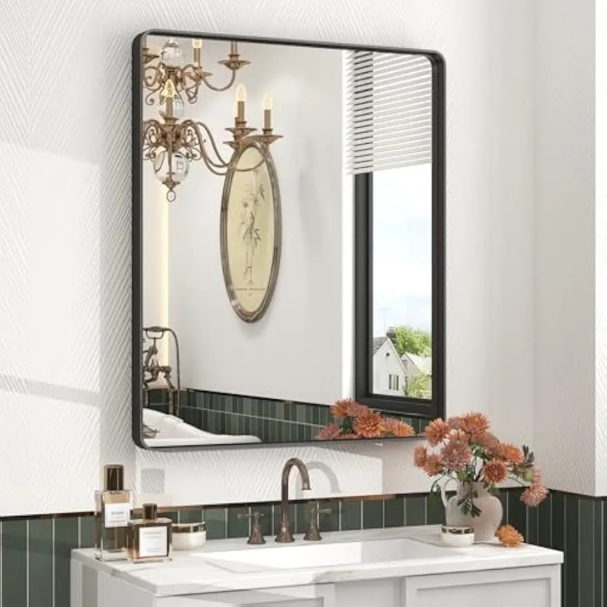 

Зеркало для ванной комнаты в матовом черном металлическом каркасе размером 28x32 дюйма, закругленный угол, антикоррозийное, горизонтальное или вертикальное крепление