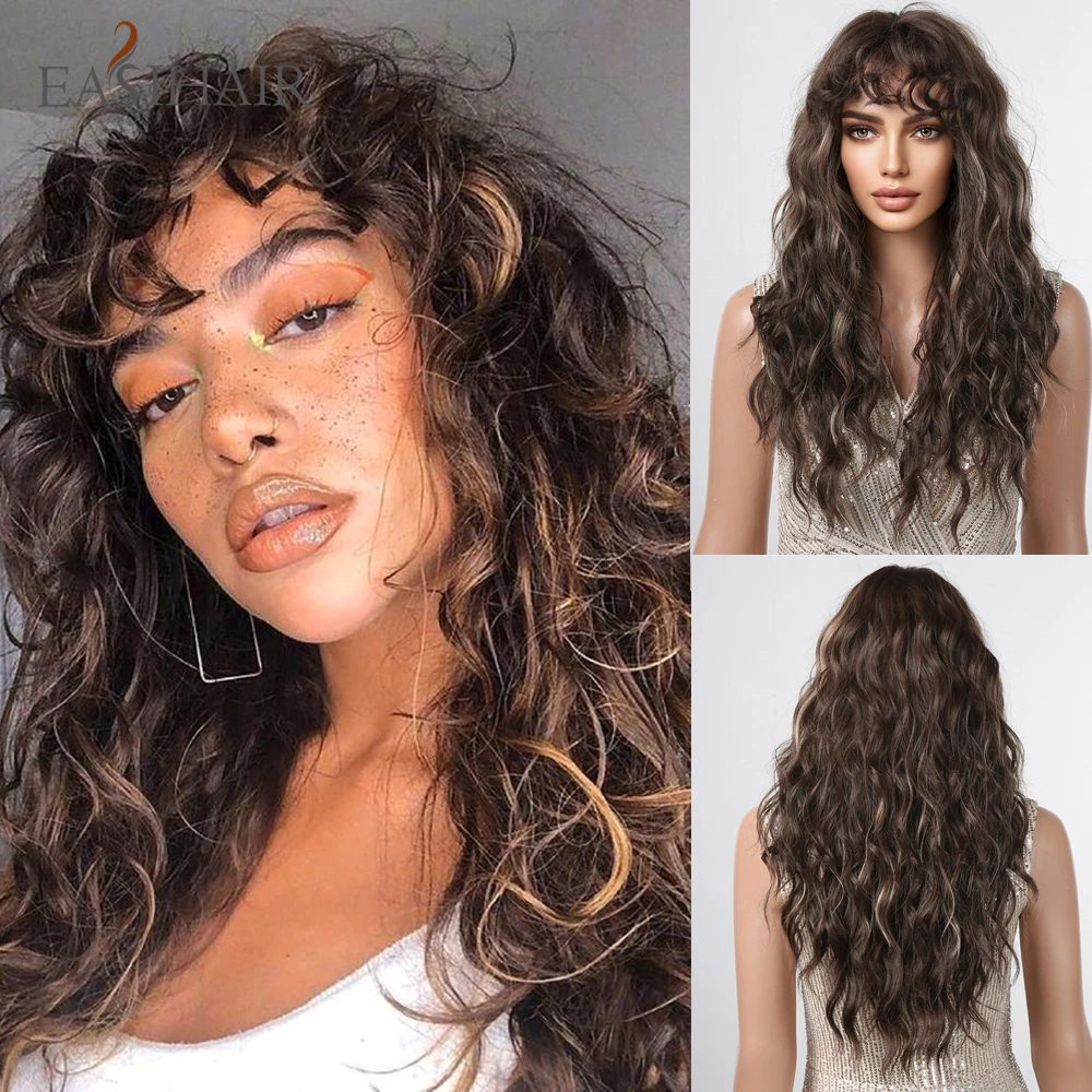 EASIHAIR Brown Mixed Blonde Long Curly Wave Synthetic Wig with Bang for Black Afro Women Daily Cosplay Party Heat Resistant Hair