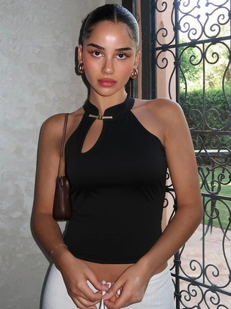 TARUXY Women's Stand Collar Sleeveless T-shirt Vest Cut Out Sexy Slim Tank Top Solid Retro Elegant Lady 2025 Summer Fashion New