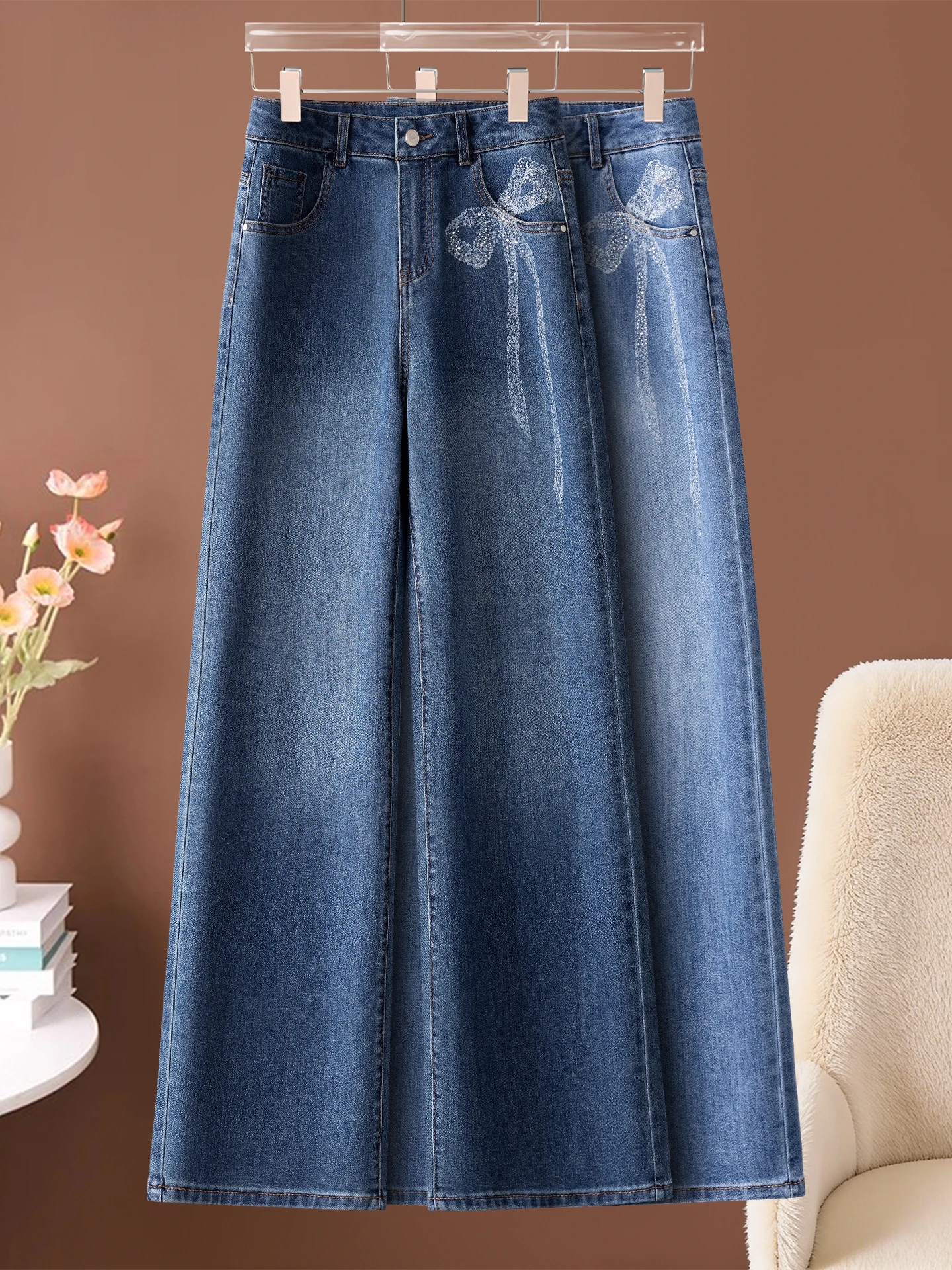 

High Waist Straight Leg Denim Jeans Women's Spring Autumn New Popular Knot Rhinestone Embellished Slimming Wide Leg...