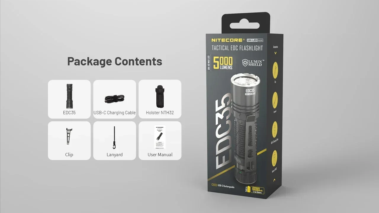 NITECORE EDC35 Linterna EDC recargable de 5000 lúmenes con batería incorporada de 6000 mAh