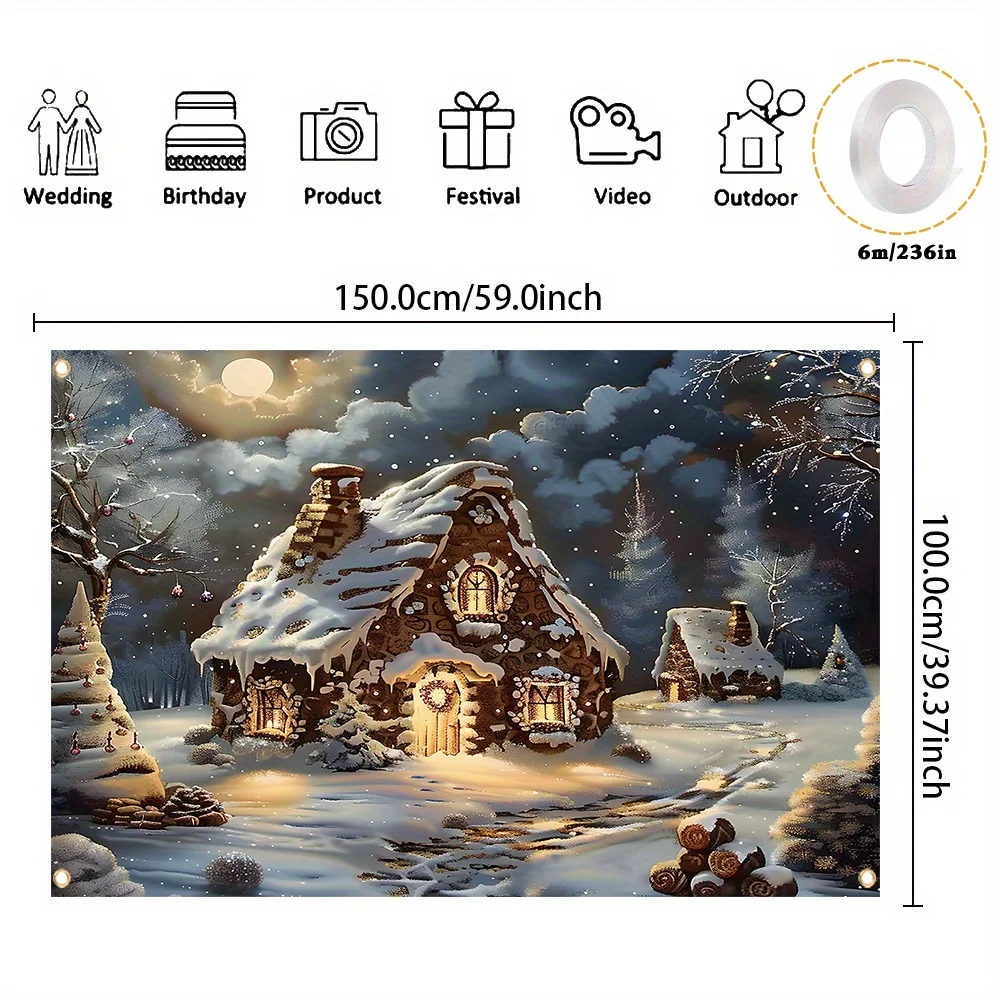 Merry Christmas Retro Log Cabin Banner - Durable polyester, easy to hang for winter snow scenes, holidays and the New Year