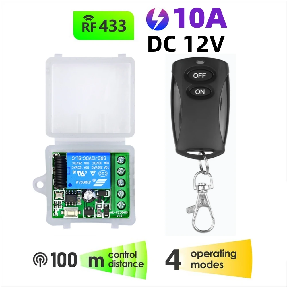 Interruptor de Control remoto inalámbrico de 433MHz DC 12V 10A 1CH módulo de relé receptor ON OFF Control remoto para puerta bombilla de luces Led