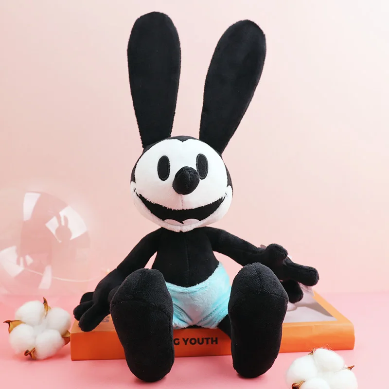 Lindo conejo de peluche Oswald The Lucky Rabbit de algodón negro, juguete de peluche suave de dibujos animados con orejas largas, muñeco de regalo de cumpleaños para niños