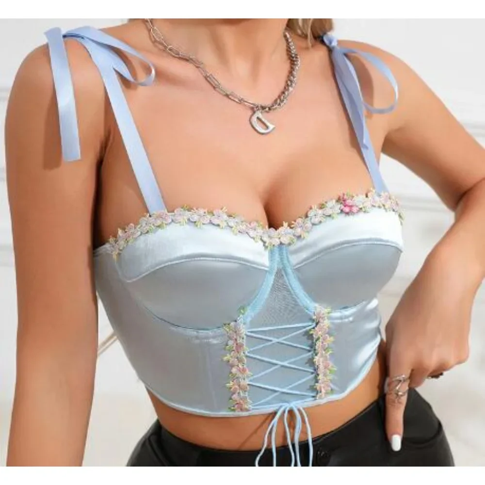 Chic Bandage Women Vintage Floral Embroidered Slim Butterfly Draw String Camis Top Korean Streetwear High Street Summer Clothing
