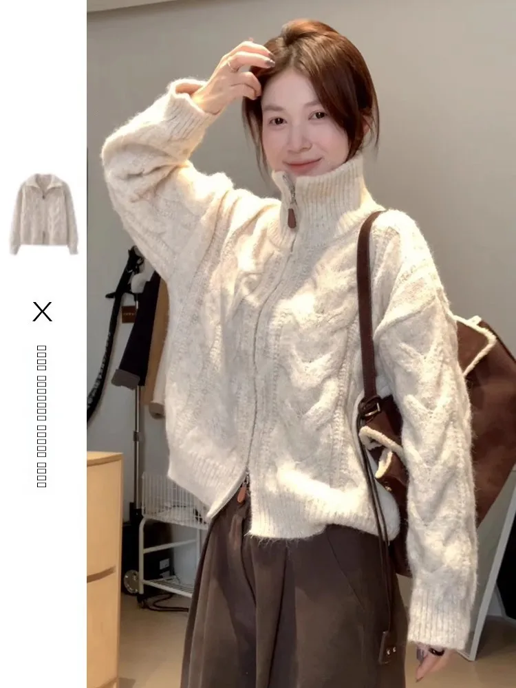 

Ladies Thiened High Collar Sweater Double Zipper Design Lazy Sle Early Spring Autumn Winter Casual Outerwear Coat