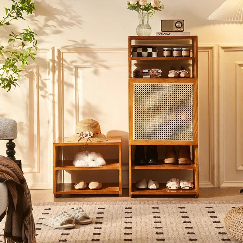 خزانة أحذية عالية ومنخفضة من الخشب الصلب، مدمجة على الطراز الصيني الجديد، طبقات دخول الشرفة، رف أحذية الروطان