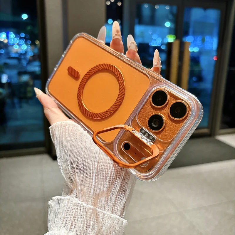 New Transparent Acrylic Metal Lens Holder Phone Case for iPhone 18 17 13 12 Pro Max 16 15 14 Plus for Magsafe Magnetic Cover