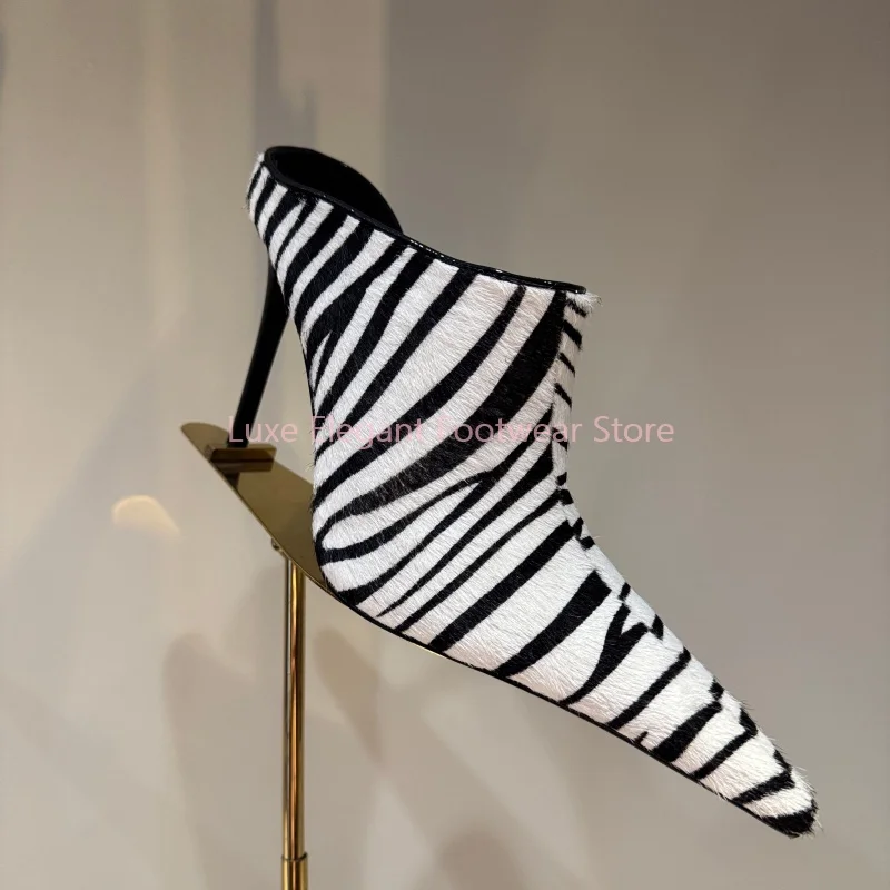 

Patchwork Leopord Pointed Toe Leather Stiletto Slippers Women Suede Striped Slip On Mules Sandals Fashion Trendy Party Prom Shoe