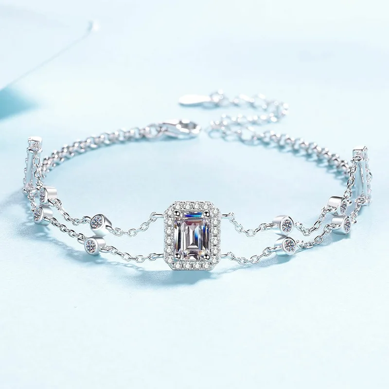 Classic Durable Simple Line White Blue Diamond Bracelet For Women 1ct Moissanite PT950 Platinum | Moderate size, low-key luxury