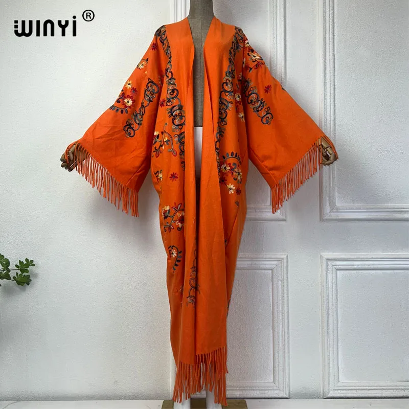 WINYI autumn Winter Women tassel Pashmina Embroidery Long Coat  Lapel OverCoat Thick Warm free size Middle East Female KIMONO