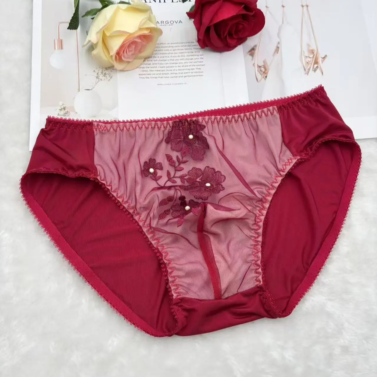 Man's Flower Embroid Doule Laye Panties BF Briefs Live Show Dance Harajuku Thai Private FKK Party