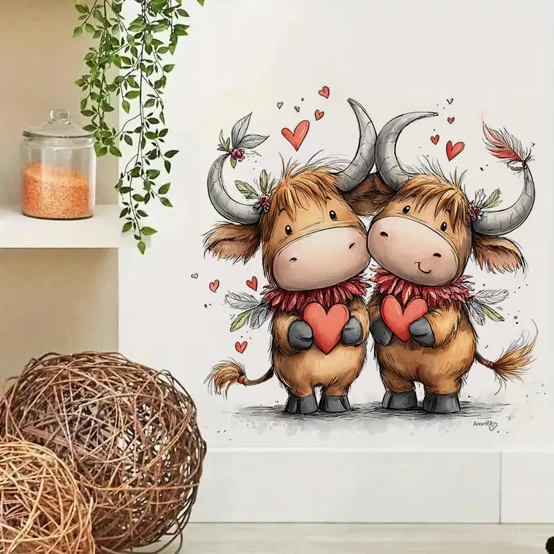 Pegatinas de pared de vaca de las Tierras Altas para San Valentín, decoración de fondo para dormitorio, mural de animales, decoración del hogar, calcomanías M572