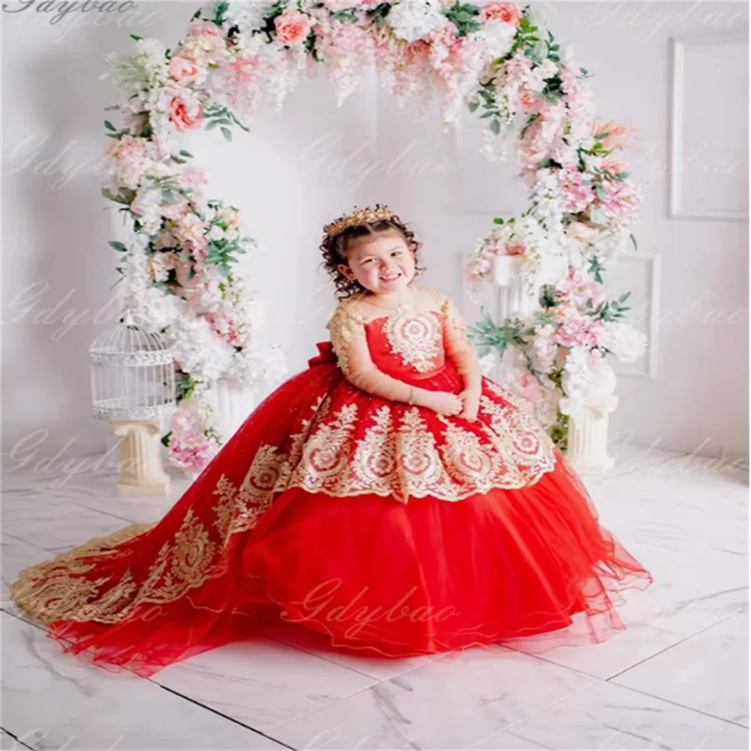 

Red Puffy Tulle Princess Gold Appliques Delamination Flower Girl Dresses Bow Long Pageant Wedding Party Mini Quinceanera Ball