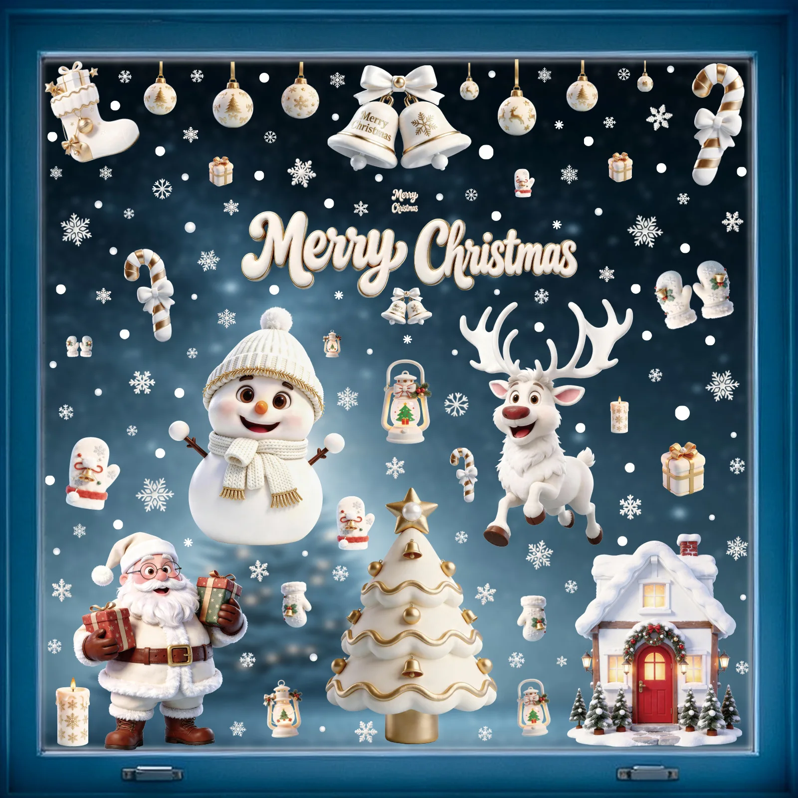 Christmas Static Glass Stickers Candy Cane Snow House Santa Reindeer Snowman Snowflake Window Clings Showcase Holiday Decor