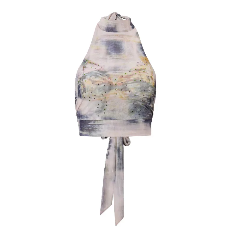 유럽과 미국 여성의 가을 섹시한 오픈워크 레트로 프린트 하이넥 홀터넥 스트랩 네이벌 베스트