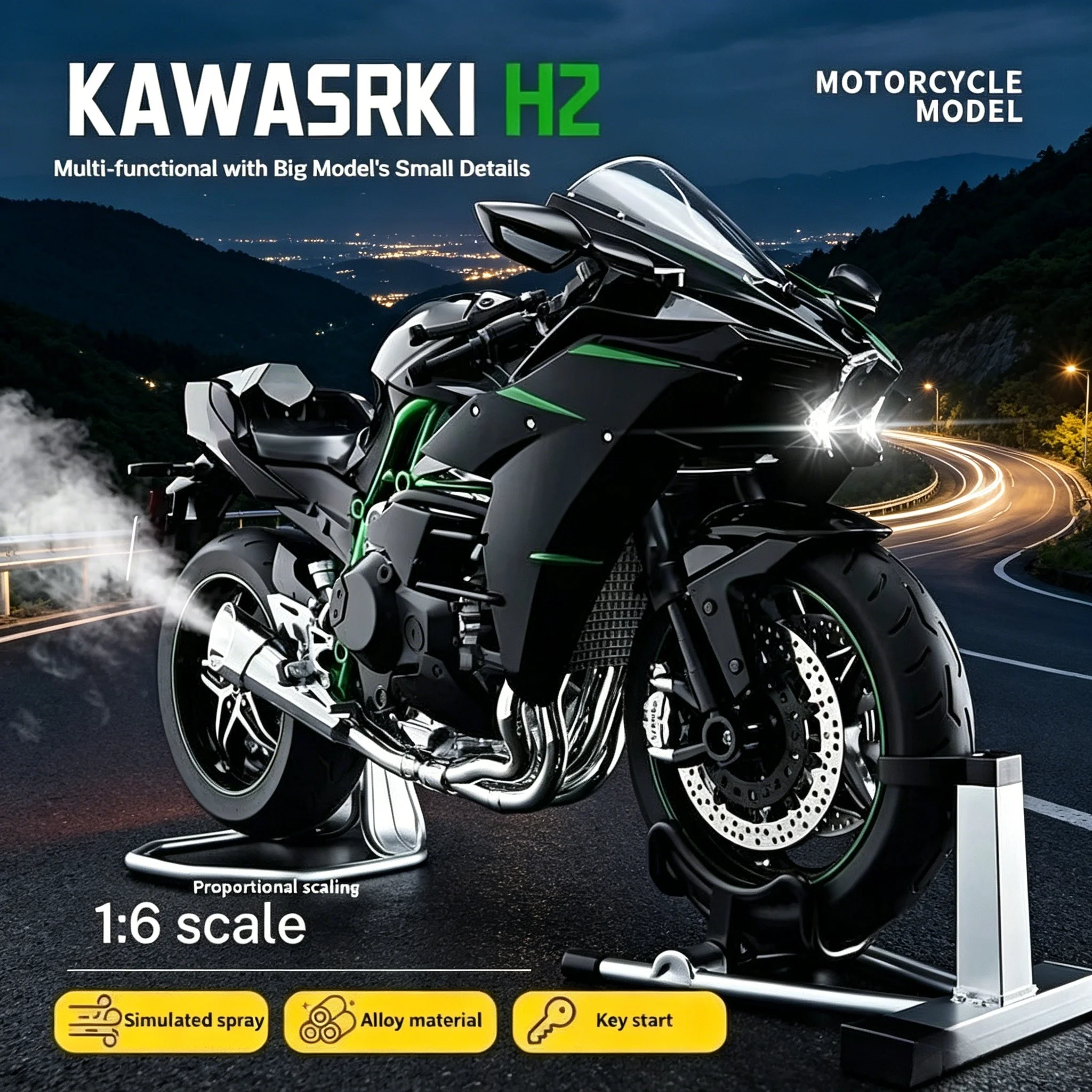 

1:6 for Kawasaki H2R Ninja With Spray Alloy Motorcycle Model Toy Vehicle Collection Sound and Light Off Road Autocycle Toys Car