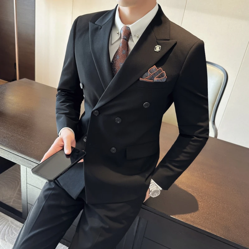 (Jackets+Vest+Pants) Men\'s Business Double-Breasted Suits Male Slim Fit Solid Color Groom\'s Wedding Dress Man Fashion Tuxedo 7XL